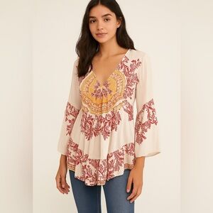 Free People Boho Print Peplum Tunic Top XS Ivory Red Gold